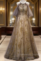 Lace Long Appliques Champagne Tulle Semi Formal Prom Dress