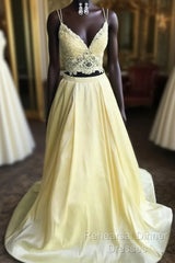 Lace Top Long Satin V Neck Two Pieces Yellow Semi Formal Prom Dress