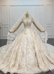 Largest Luxury Champagne Ball Gown Tulle Appliques Beading Off the Shoulder Wedding Dress
