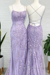 Lavender Lace Corset Semi Formal Prom Dresses Mermaid Scoop Evening Dress With Beading