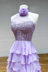 Lavender Long Tiered Violet Semi Formal Prom Dress Ruffle High Neck With 3D Flower