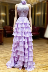 Lavender Long Tiered Violet Semi Formal Prom Dress Ruffle High Neck With 3D Flower