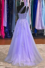 Lavender One Shoulder Appliques Lace Semi Formal Prom Dress