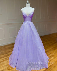 Lavender Sparkly Semi Formal Prom Dress V Neck Ball Gown