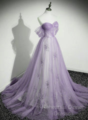 Lavender Tulle A-Line Beaded Off Shoulder Party Dress, Lavender Long Formal Dress