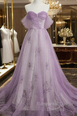 Lavender Tulle A-Line Beaded Off Shoulder Party Dress, Lavender Long Formal Dress