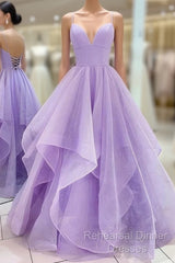 Lavender Tulle Long A-Line Semi Formal Prom Dress, Lavender Beautiful Spaghetti Strap Evening Dress