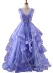 Lavender Tulle V-Neckline Layers Long Sweet 16 Dress, Light Purple Semi Formal Prom Dress Party Dress