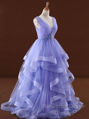 Lavender Tulle V-Neckline Layers Long Sweet 16 Dress, Light Purple Semi Formal Prom Dress Party Dress