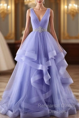 Lavender Tulle V-Neckline Layers Long Sweet 16 Dress, Light Purple Semi Formal Prom Dress Party Dress