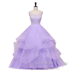 Lavender Tulle With Lace Ruffled Long Formal Gown, Ball Gown Sweet 16 Dress