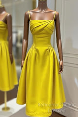 Lemon Yellow Satin Midi Bridesmaid Dresses