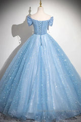 Light Blue A-Line Off Shoulder Tulle Sequins Long Semi Formal Prom Dress Evening Dress