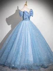 Light Blue A-Line Off Shoulder Tulle Sequins Long Semi Formal Prom Dress Evening Dress