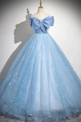 Light Blue A-Line Off Shoulder Tulle Sequins Long Semi Formal Prom Dress Evening Dress