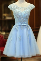 Light Blue Cap Sleeves Tea Length Vintage Style Formal Dress, Blue Homecoming Dresses