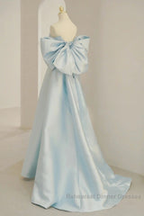 Light Blue Chic Satin Off Shoulder Long Party Dress, A-Line Light Blue Formal Dress