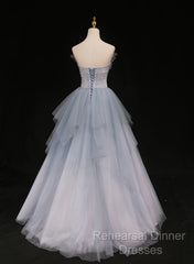Light Blue Gradient Tulle With Beaded Long Formal Dress, Light Blue Long Semi Formal Prom Dress