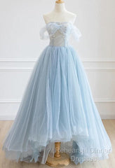 Light Blue High Low Tulle Sweetheart Semi Formal Prom Dress, Light Blue Homecoming Dress