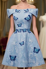 Light Blue Lace With Butterflies Short Homecoming Dress, Blue Semi Formal Prom Dress