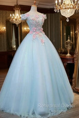Light Blue Long Floral Tulle Sweet 16 Dress,  Quinceanera Dress