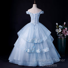 Light Blue Off Shoulder Lace Applique Ball Gown Formal Dress, Blue Sweet 16 Gown