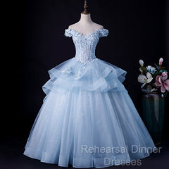 Light Blue Off Shoulder Lace Applique Ball Gown Formal Dress, Blue Sweet 16 Gown