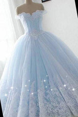Light Blue Princess Ball Gown Sweet 16 Gown, Tulle Formal Dress With Lace Applique