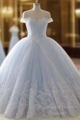 Light Blue Princess Ball Gown Sweet 16 Gown, Tulle Formal Dress With Lace Applique