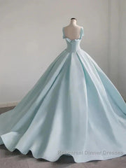 Light Blue Satin Long Ball Gown Quinceanera Dresses Princess Dress Semi Formal Prom Dress