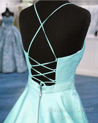 Light Blue Satin V-Neck Cross Back Semi Formal Prom Dresses