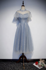 Light Blue Shiny Tulle High Neckline Homecoming Dress Party Dress, Blue Short Semi Formal Prom Dress