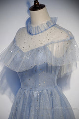Light Blue Shiny Tulle High Neckline Homecoming Dress Party Dress, Blue Short Semi Formal Prom Dress