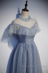 Light Blue Shiny Tulle High Neckline Homecoming Dress Party Dress, Blue Short Semi Formal Prom Dress