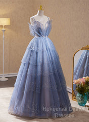 Light Blue Tulle Beaded Long Formal Dress, Light Blue Shiny Tulle Evening Dress Semi Formal Prom Dress