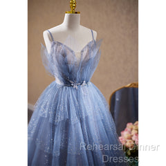 Light Blue Tulle Beaded Long Formal Dress, Light Blue Shiny Tulle Evening Dress Semi Formal Prom Dress