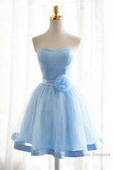 Light Blue Tulle Sweetheart With Bow Cute Party Dress, Blue Short Homecoming Dress Semi Formal Prom Dress