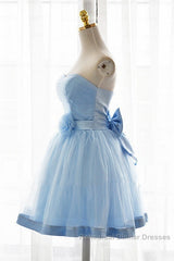 Light Blue Tulle Sweetheart With Bow Cute Party Dress, Blue Short Homecoming Dress Semi Formal Prom Dress