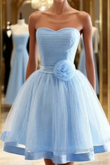 Light Blue Tulle Sweetheart With Bow Cute Party Dress, Blue Short Homecoming Dress Semi Formal Prom Dress