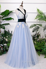 Light Blue Tulle With Flowers Lace Long Evening Dress Semi Formal Prom Dress, A-Line Party Dresses