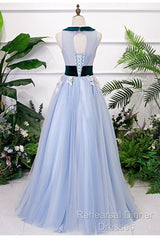 Light Blue Tulle With Flowers Lace Long Evening Dress Semi Formal Prom Dress, A-Line Party Dresses