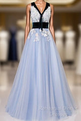 Light Blue Tulle With Flowers Lace Long Evening Dress Semi Formal Prom Dress, A-Line Party Dresses