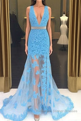 Light Blue V Neck Mermaid Lace Applique Long Semi Formal Prom Dresses, Lace Blue Formal Dresses, Evening Dresses