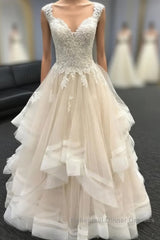 Light champagne lace tulle long wedding Dresses, lace evening Dresses