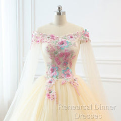 Light Champagne Off Shoulder Tulle With Flowers Formal Gown, Long Sweet 16 Dress
