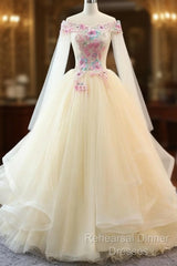 Light Champagne Off Shoulder Tulle With Flowers Formal Gown, Long Sweet 16 Dress