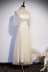 Light Champagne Short Sleeves Long Wedding Party Dress, Cute Semi Formal Prom Dress
