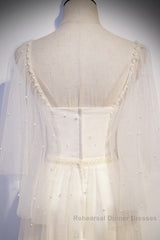 Light Champagne Short Sleeves Long Wedding Party Dress, Cute Semi Formal Prom Dress