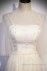 Light Champagne Short Sleeves Long Wedding Party Dress, Cute Semi Formal Prom Dress