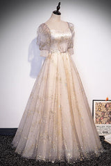 Light Champagne Short Sleeves Tulle Long Formal Dress, A-Line Floor Length Party Dresses